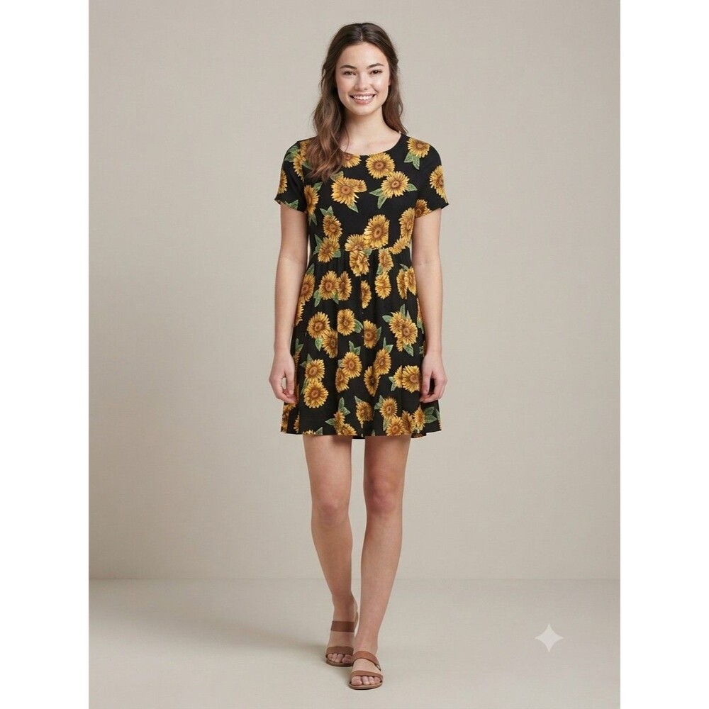 Vintage Paquette Too Sunflower Print Rayon Mini Dress 8 Black Short Sleeve 90s